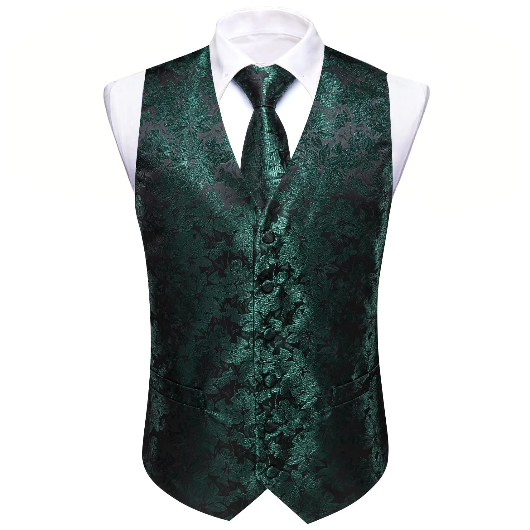 Ties2you Mens Vest Top Dark Green Floral Silk Dress Vest Tie Handkerchief Cufflinks Set sold by Ties2You product image thumbnail 3