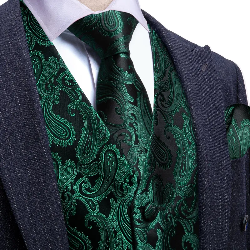Ties2you Mens Vest Top Sapphire Pine Green Paisley Silk Dress Vest Tie Pocket Square Cufflinks Set sold by Ties2You