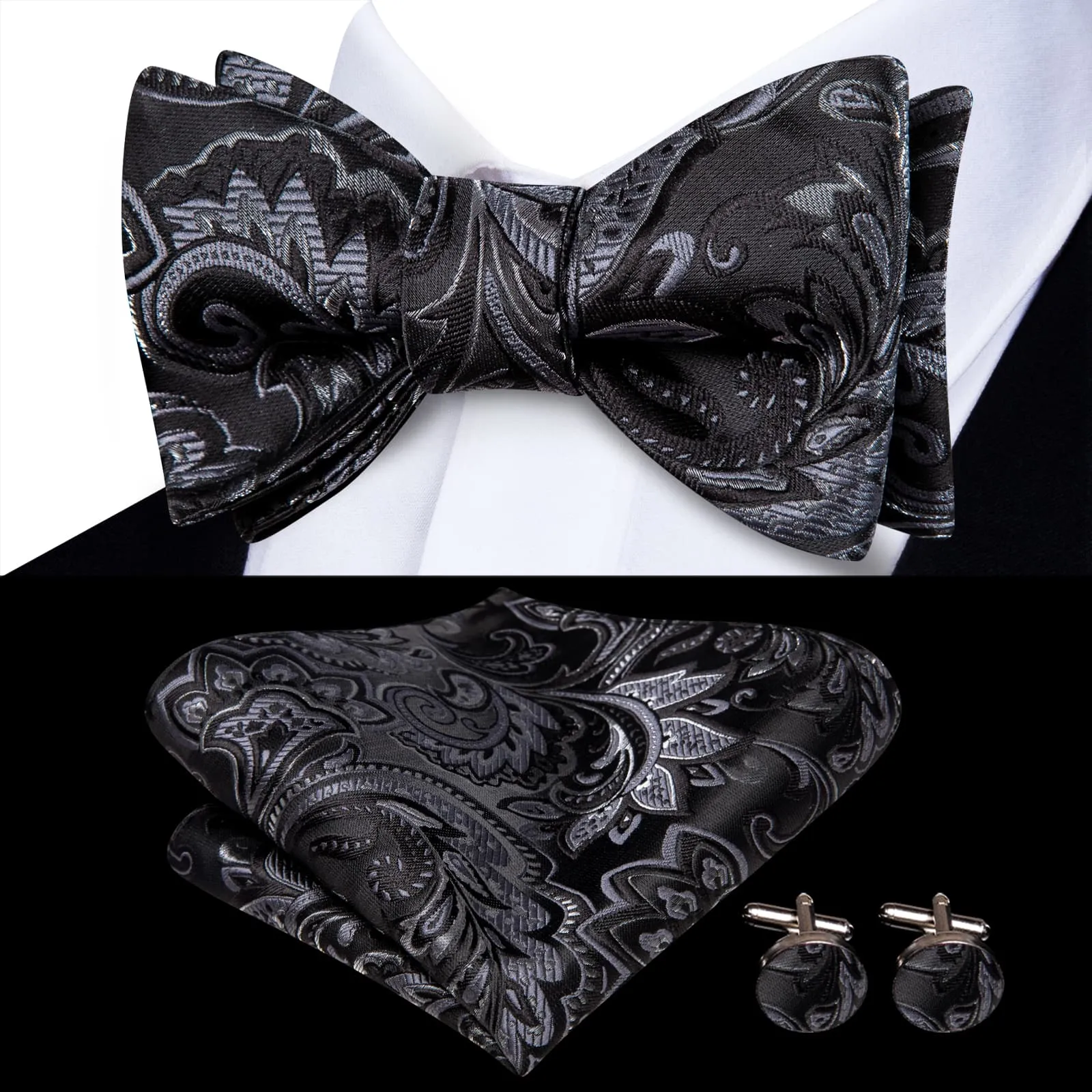 Ties2you Self-tie Bow Ties Black Floral Silk Mens Tuxedo Bowtie Set for Wedding sold by Ties2You