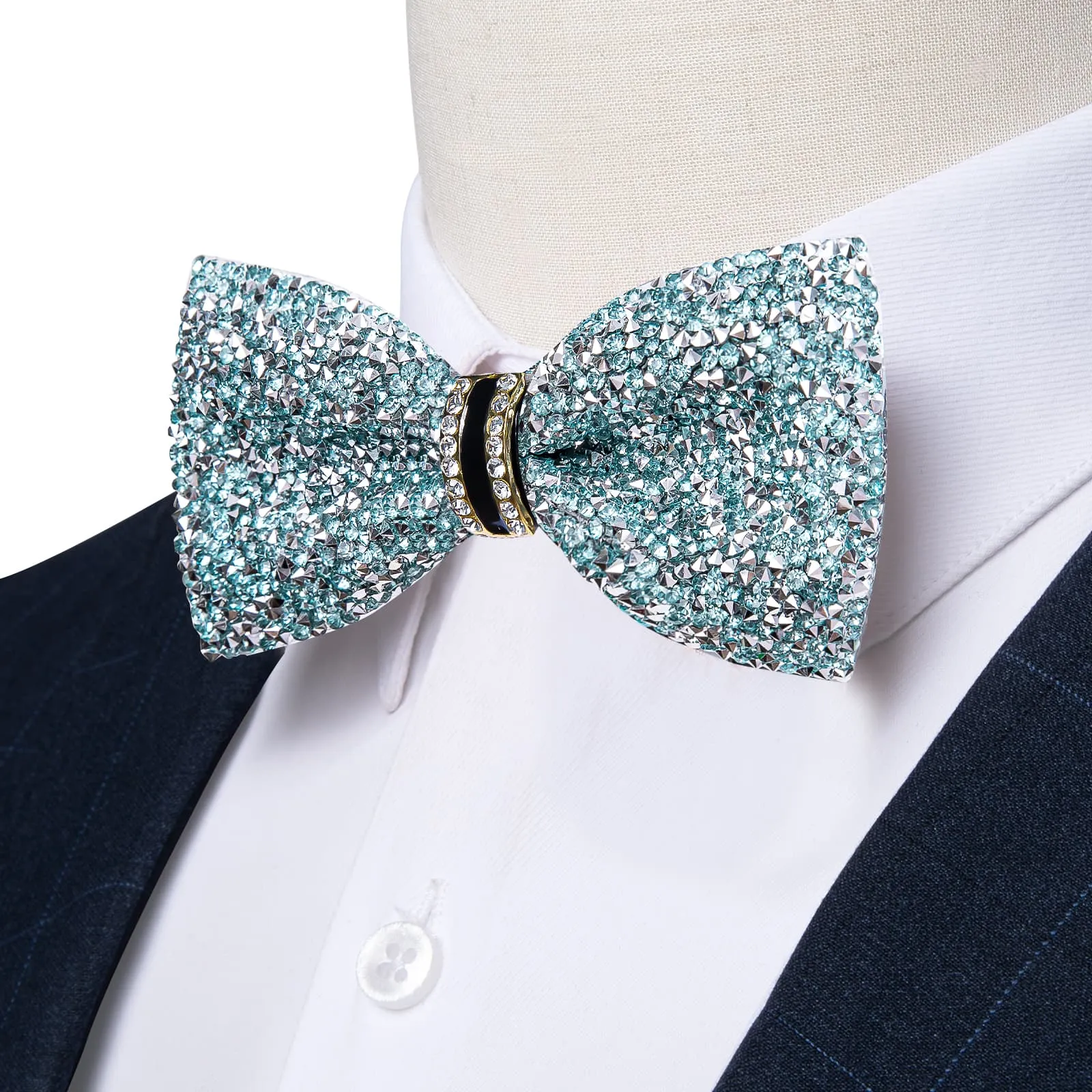 Ties2you Imitated Crystal Bowtie Sky Blue Silver Rhinestones Men's Pre Tied Bow Ties For Wedding Party sold by Ties2You