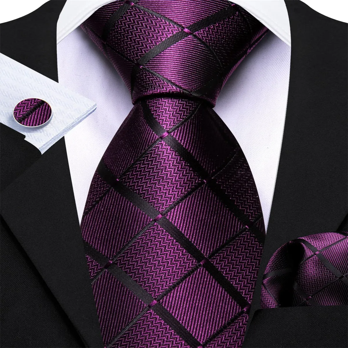 Ties2you Extra Long Tie Deep Purple Plaid 63 Inch Silk Mens Tie Pocket Square Cufflinks Set sold by Ties2You product image thumbnail 3