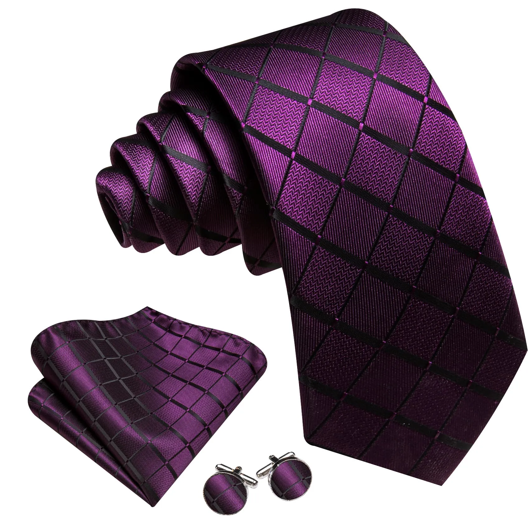 Ties2you Extra Long Tie Deep Purple Plaid 63 Inch Silk Mens Tie Pocket Square Cufflinks Set sold by Ties2You product image thumbnail 2