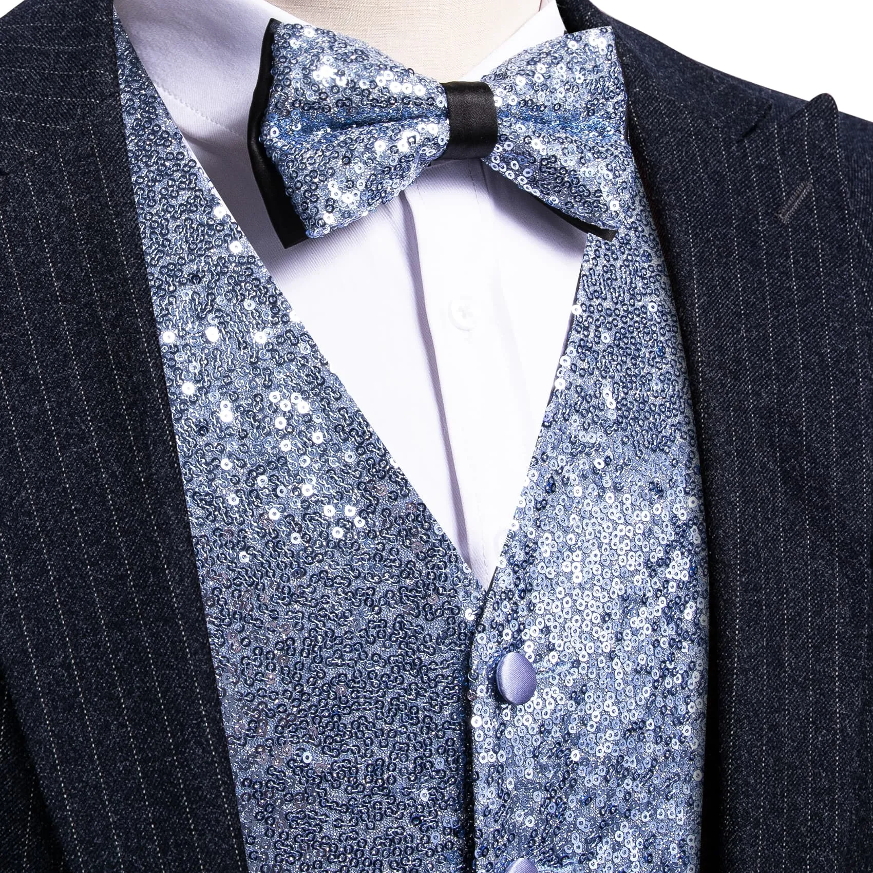 Ties2you Arctic Blue Vest Novelty Sequins Mens Vest Bow Tie Set for Party sold by Ties2You product image thumbnail 3