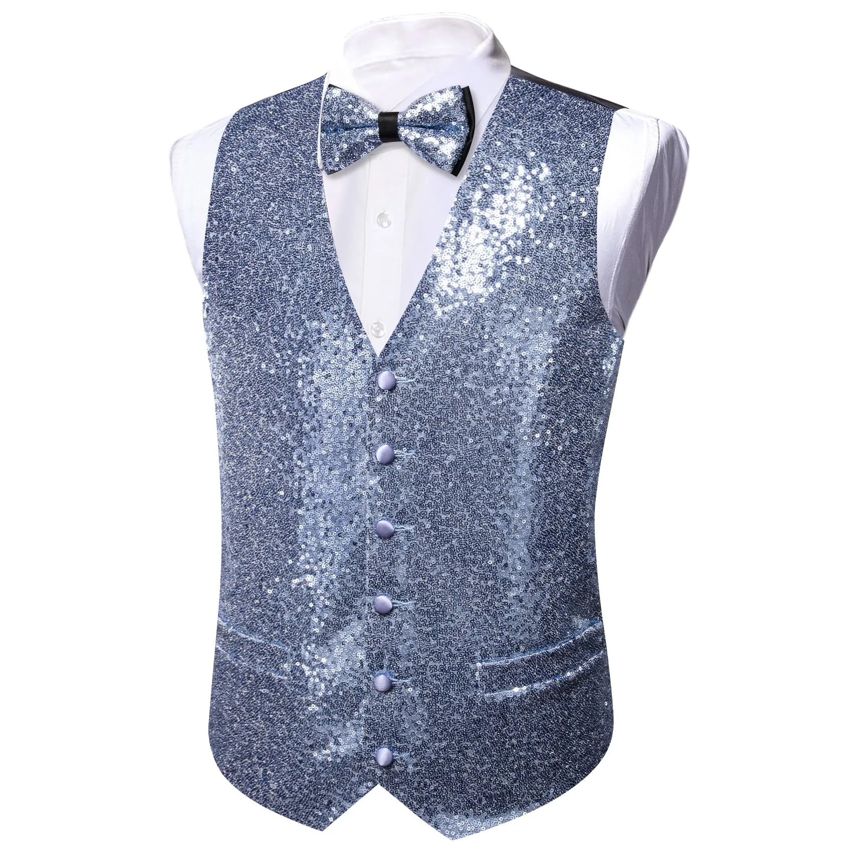 Ties2you Arctic Blue Vest Novelty Sequins Mens Vest Bow Tie Set for Party sold by Ties2You product image thumbnail 2