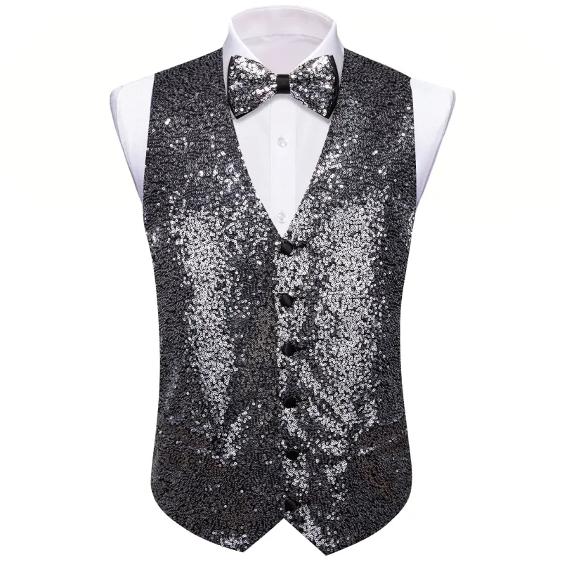 Ties2you Smoke Grey Vest Novelty Sequins Mens Vest Bow Tie Set sold by Ties2You