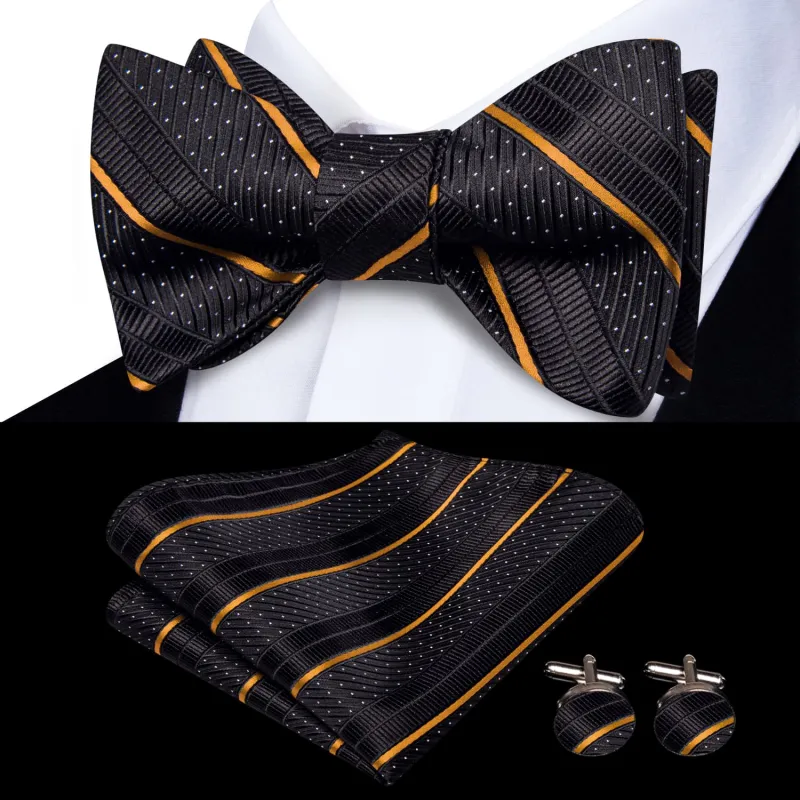 Ties2you Self-tie Bow Ties Black Golden Striped Silk Mens Business Bowtie Set sold by Ties2You