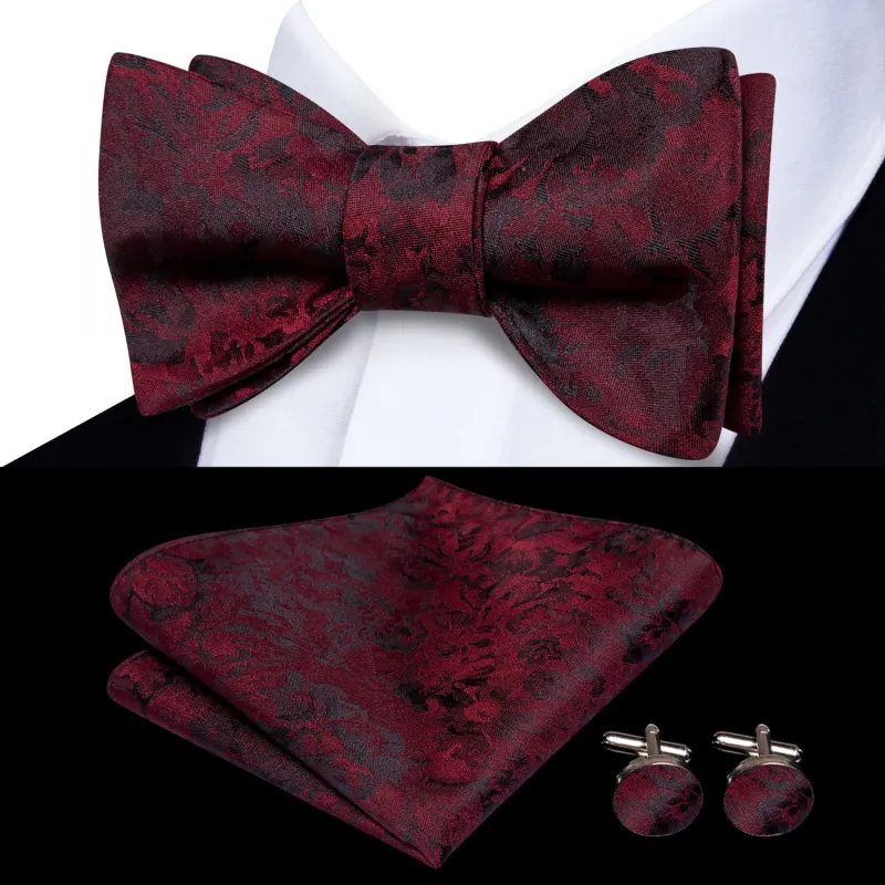Ties2you Self-tie Bow Ties Maroon Red Floral Mens Silk Bowtie Pocket Square Cufflinks Set sold by Ties2You