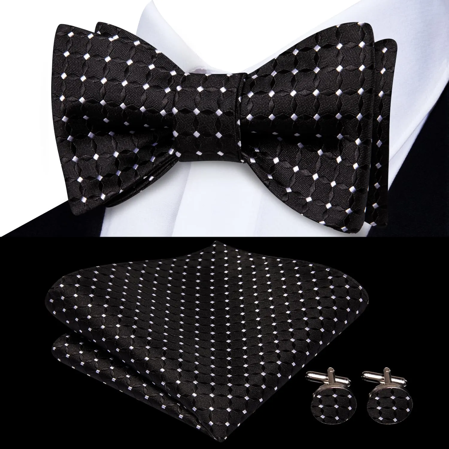 Ties2you Self-tie Bow Ties Black White Plaid Mens Silk Bowtie Pocket Square Cufflinks Set sold by Ties2You