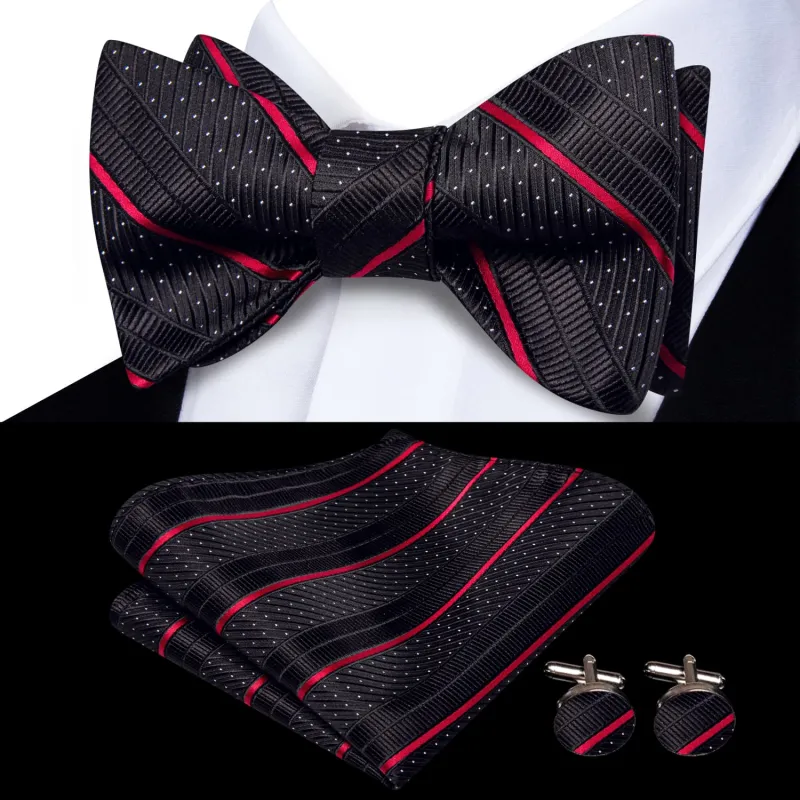 Ties2you Self-tie Bow Ties Black Red Striped Silk Mens Bowtie Handkerchief Cufflinks Set sold by Ties2You