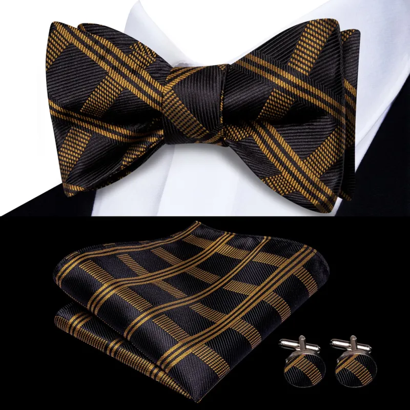 Ties2you Self-tie Bow Ties Black Golden Plaid Silk Mens Bowtie Handkerchief Cufflinks Set sold by Ties2You