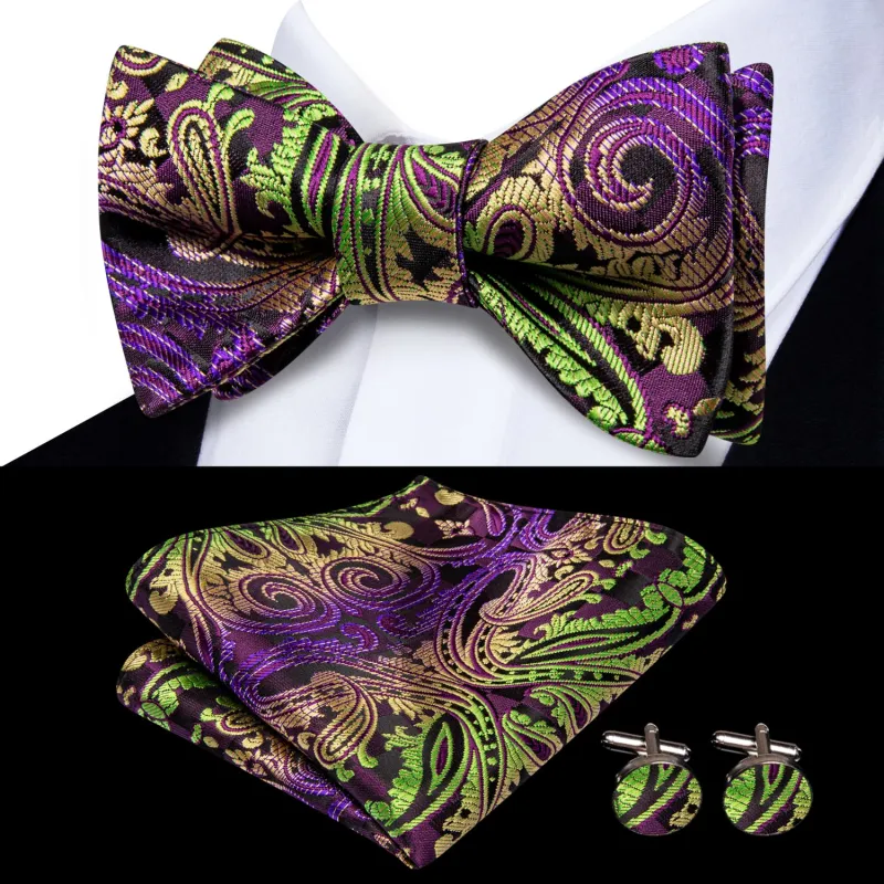 Ties2you Self-tie Bow Ties Green Purple Floral Silk Mens Bowtie Handkerchief Cufflinks Set sold by Ties2You