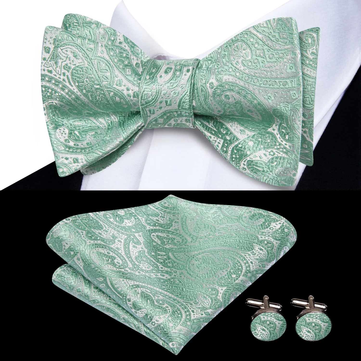 Ties2you Self-tie Bow Ties Pistachio Color Green Paisley Silk Mens Bowtie Set for Tuxedo sold by Ties2You