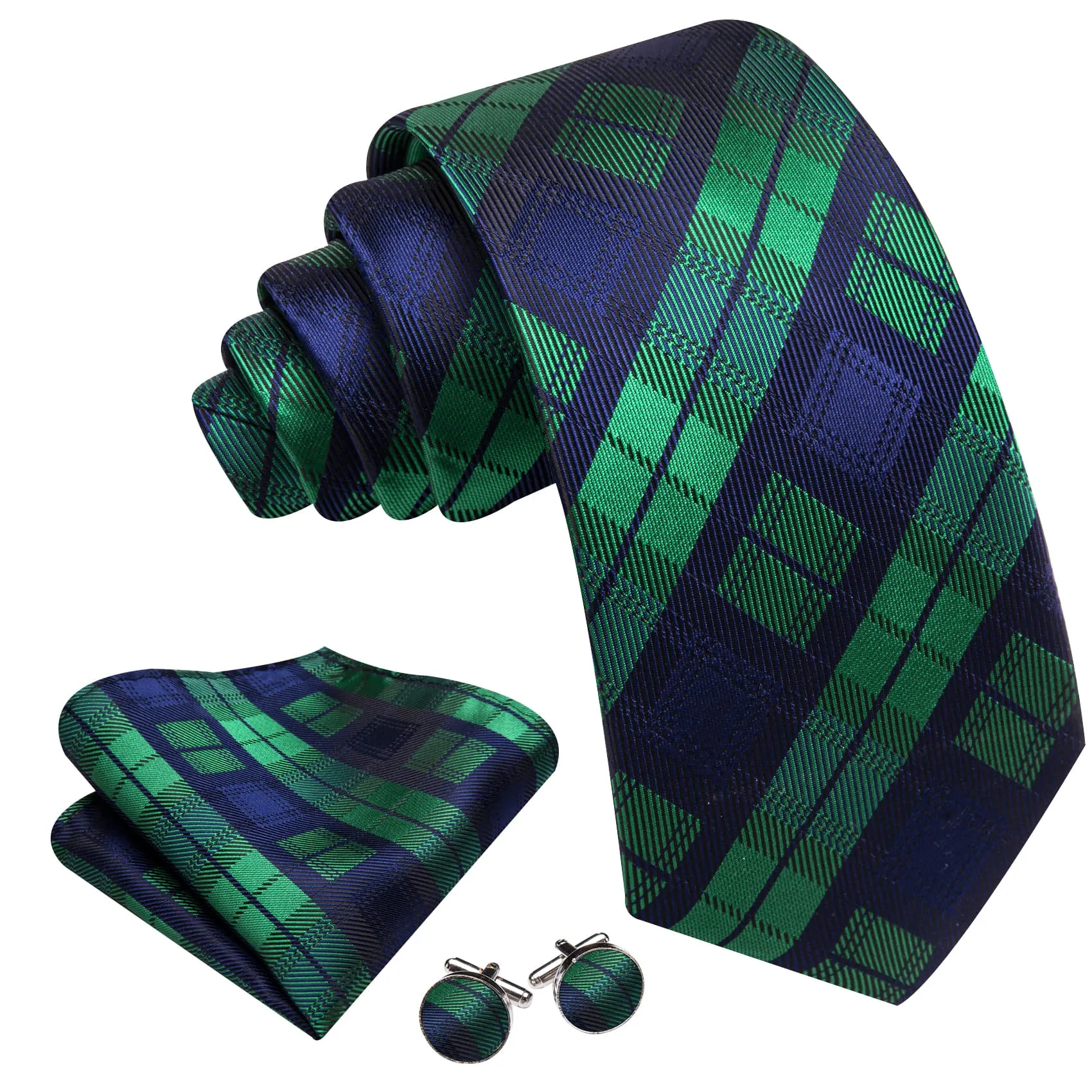 Ties2you Blue Tie Green Plaid Men's Silk Tie Handkerchief Cufflinks Set for Business sold by Ties2You product image thumbnail 2
