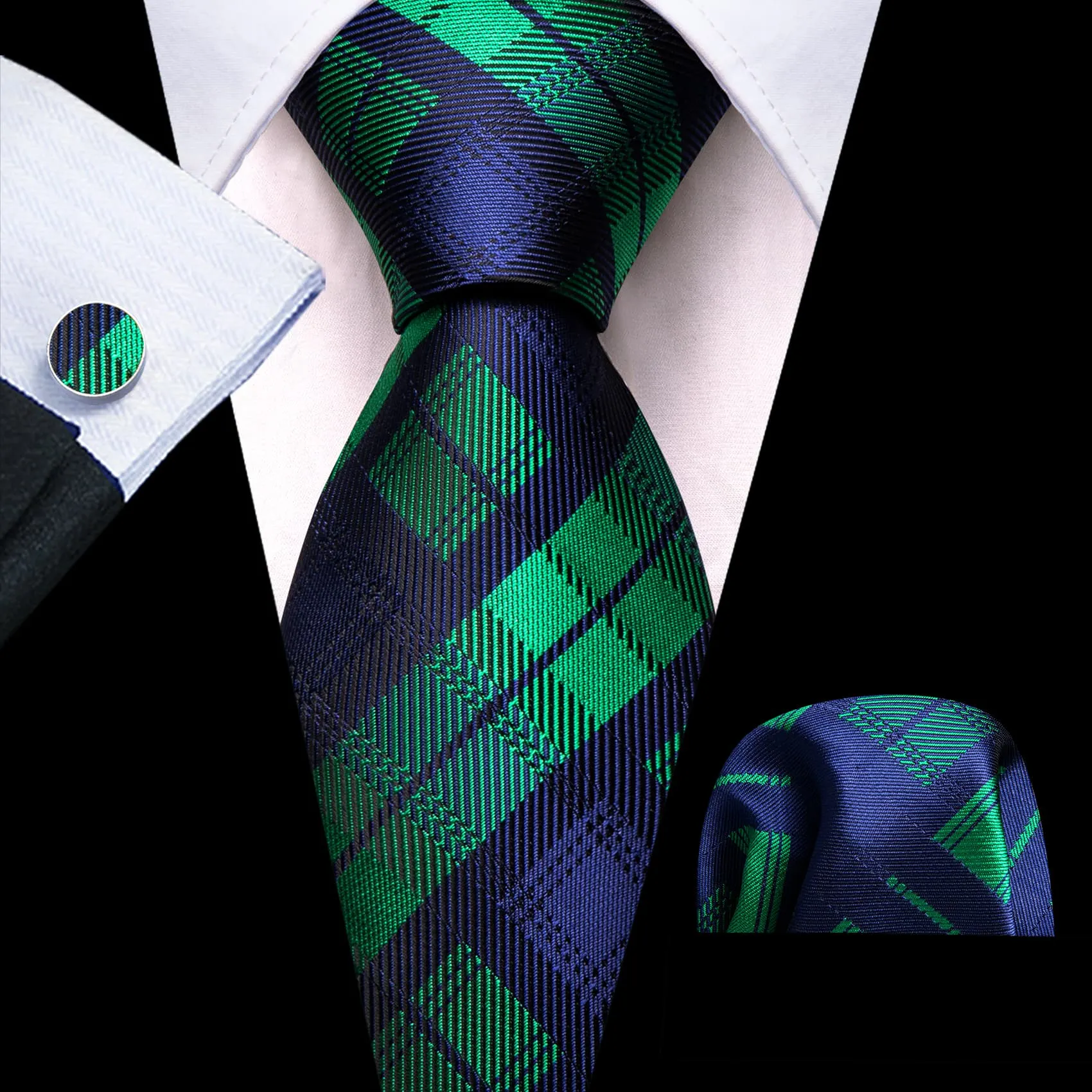 Ties2you Blue Tie Green Plaid Men's Silk Tie Handkerchief Cufflinks Set for Business sold by Ties2You
