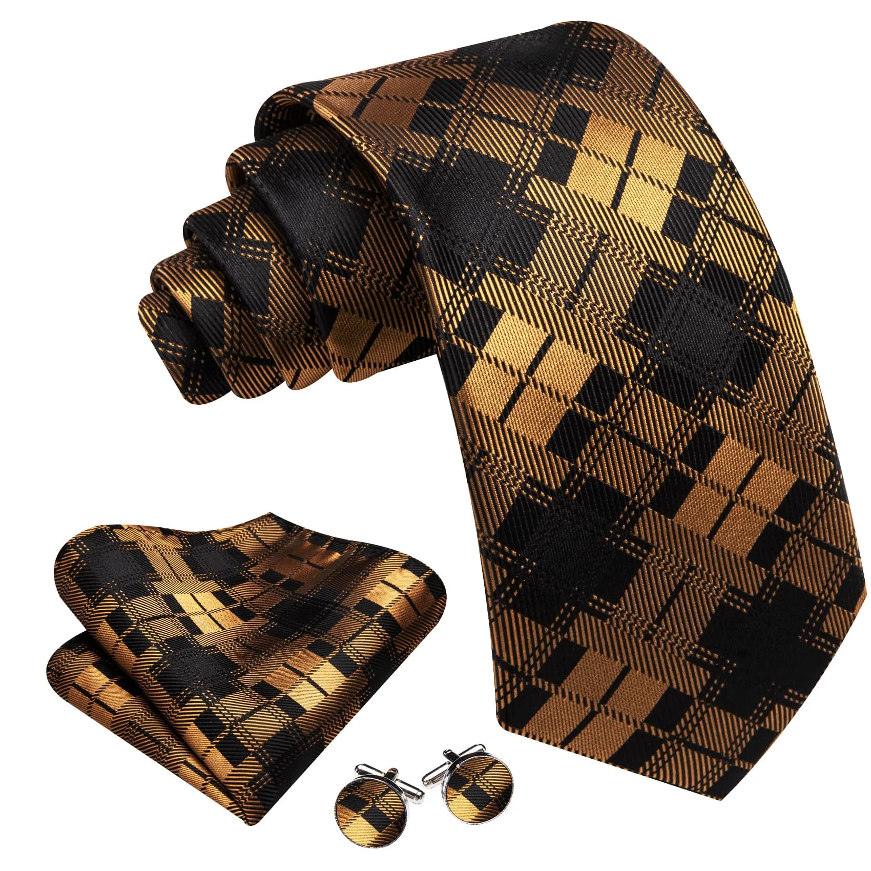 Ties2you Black Tie Gold Plaid Men's Silk Tie Handkerchief Cufflinks Set for Business sold by Ties2You product image thumbnail 2