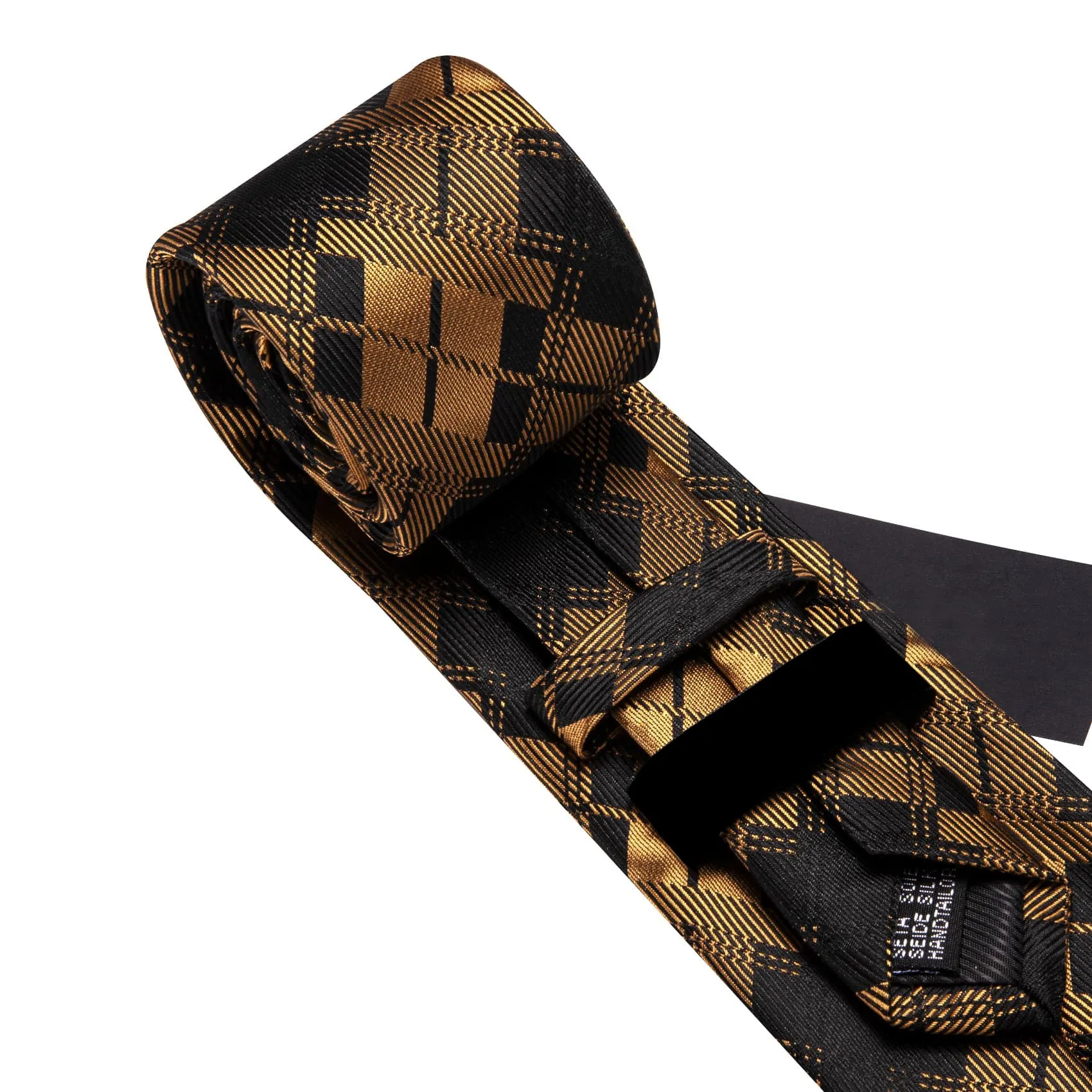 Ties2you Black Tie Gold Plaid Men's Silk Tie Handkerchief Cufflinks Set for Business sold by Ties2You product image thumbnail 5
