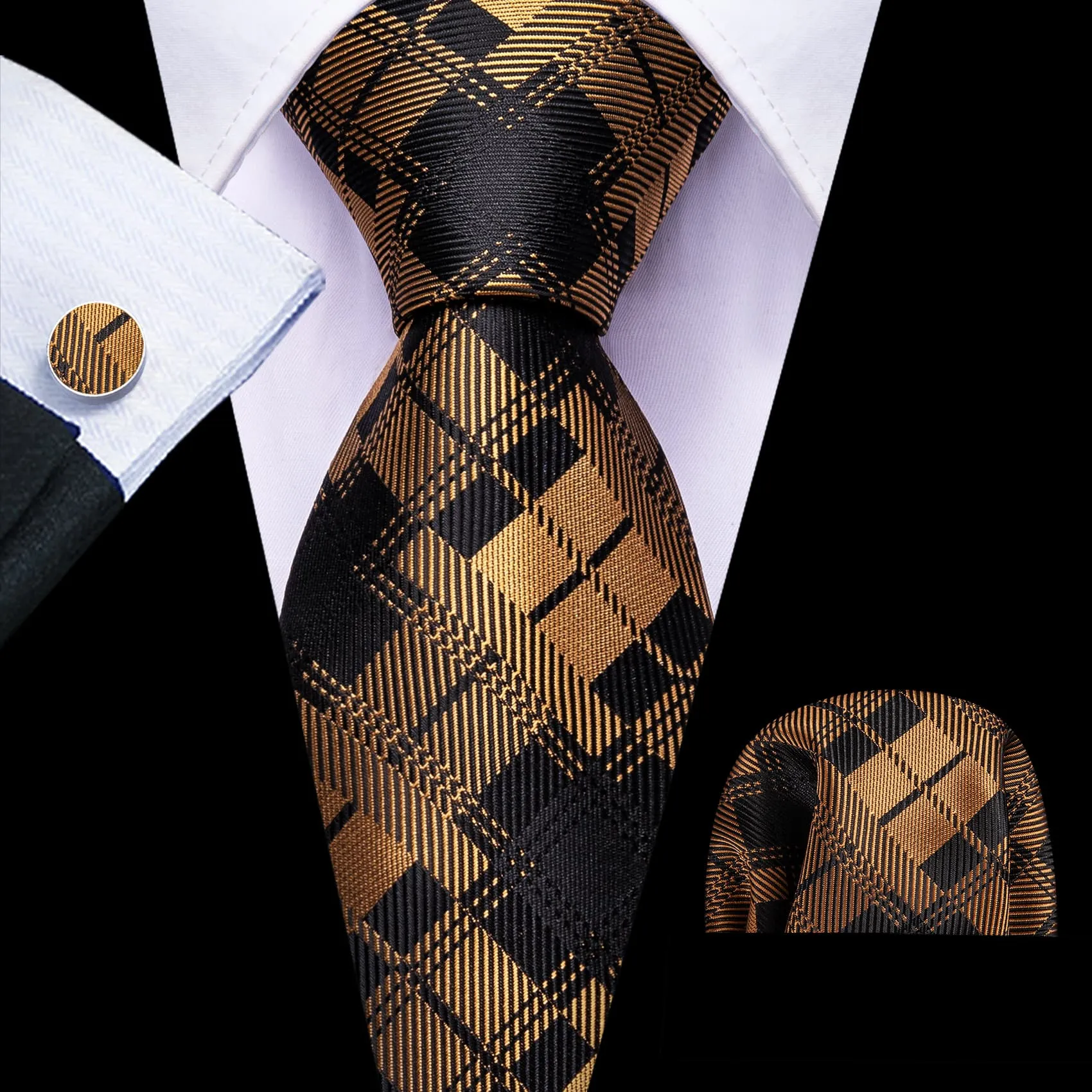 Ties2you Black Tie Gold Plaid Men's Silk Tie Handkerchief Cufflinks Set for Business sold by Ties2You