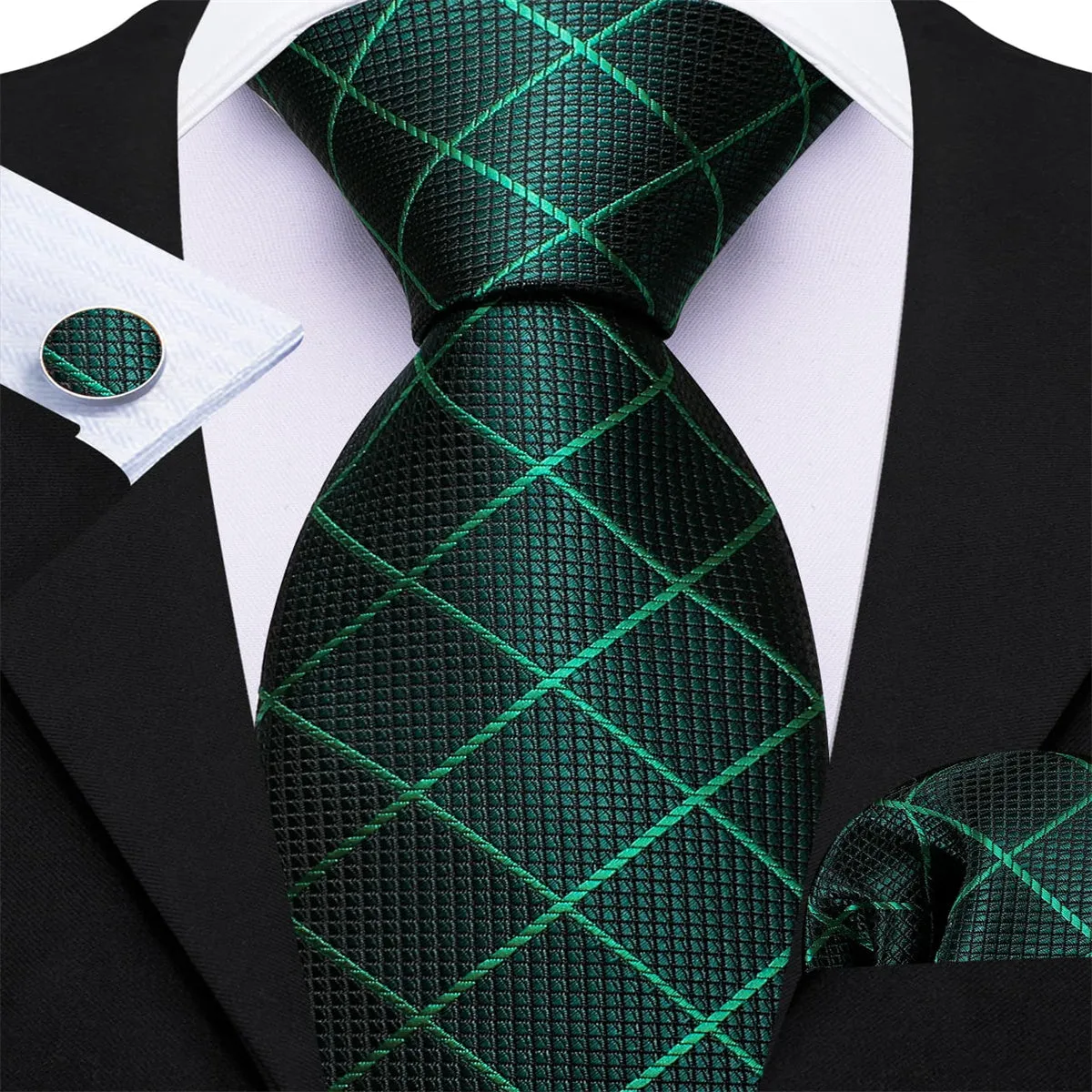 Ties2you Green Tie Pine Plaid Silk Tie Pocket Square Cufflinks Set for Office Dress sold by Ties2You product image thumbnail 3
