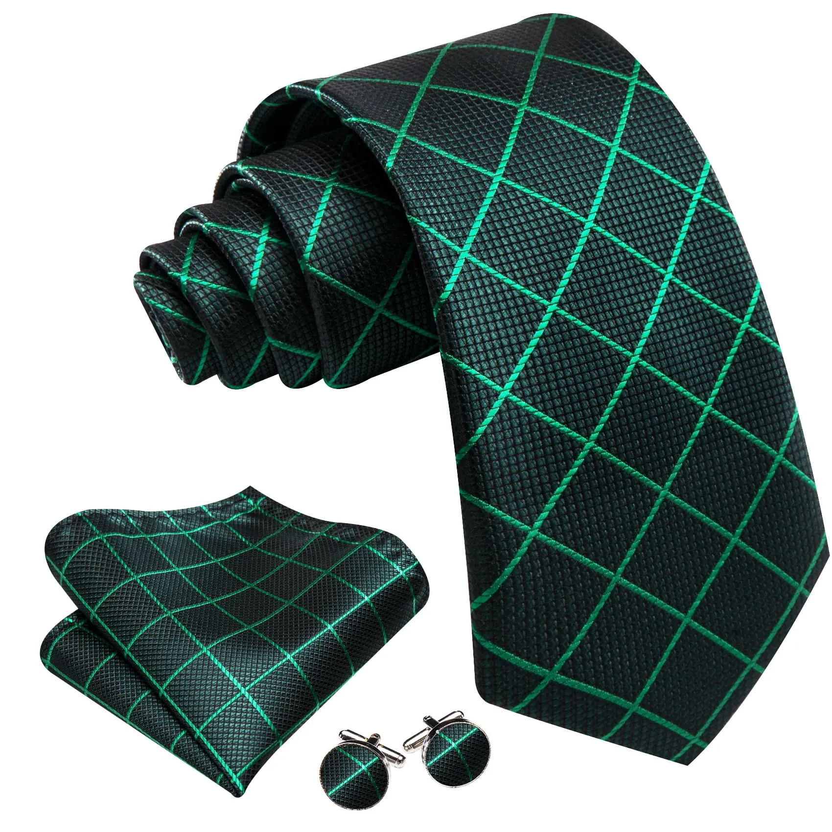 Ties2you Green Tie Pine Plaid Silk Tie Pocket Square Cufflinks Set for Office Dress sold by Ties2You product image thumbnail 2
