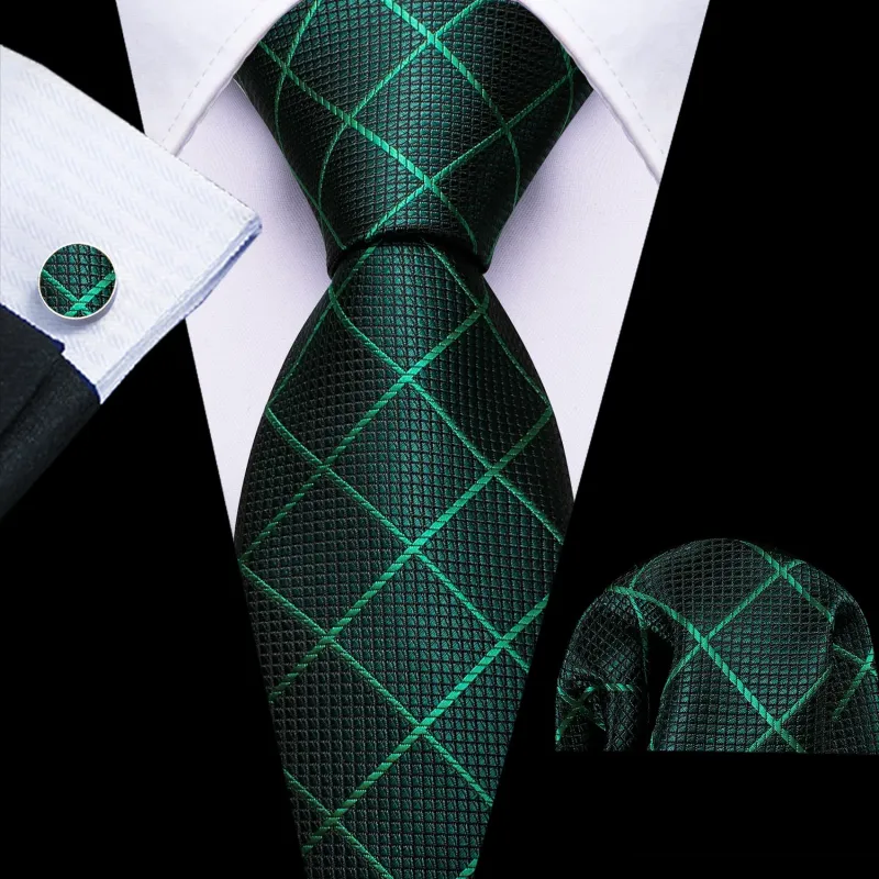 Ties2you Green Tie Pine Plaid Silk Tie Pocket Square Cufflinks Set for Office Dress sold by Ties2You