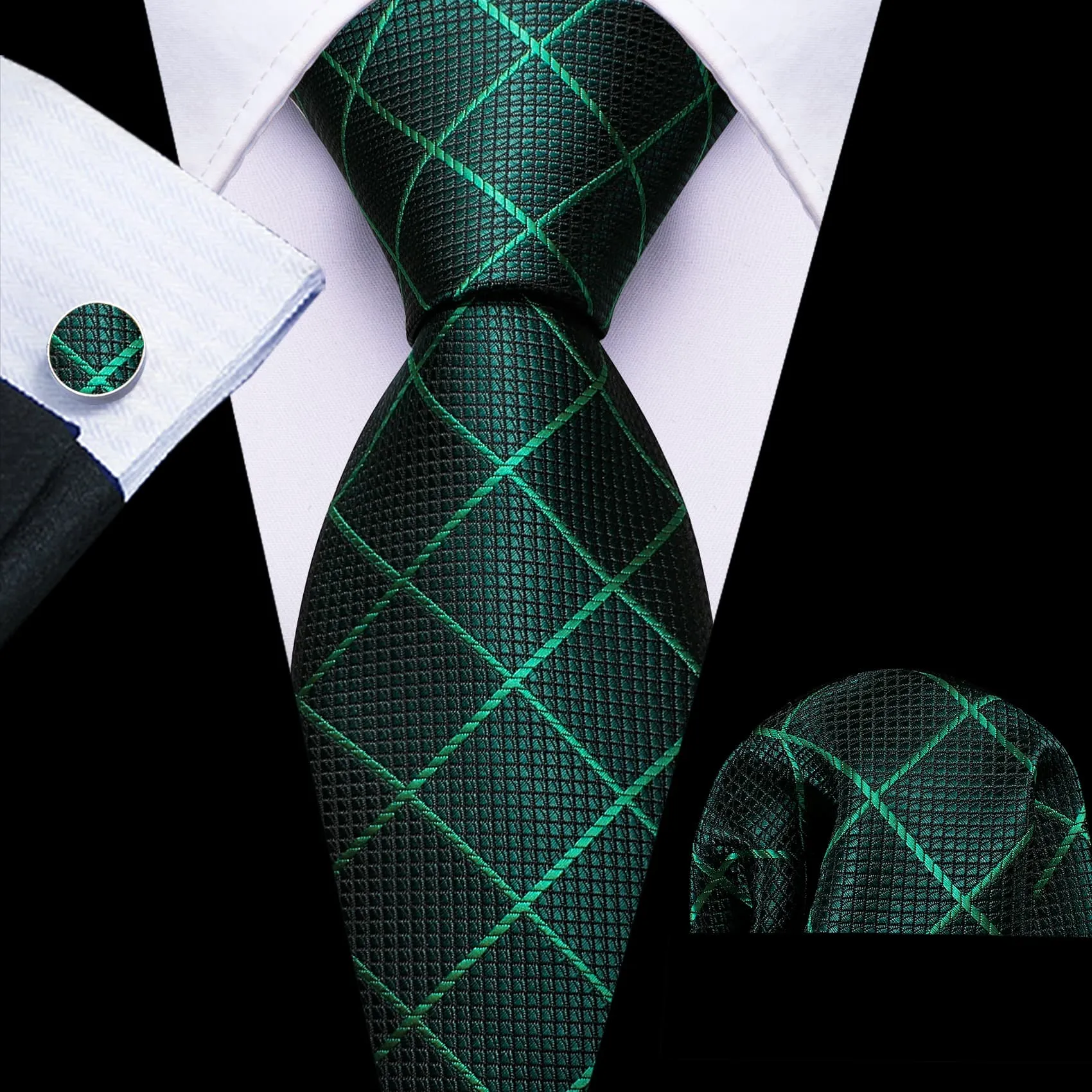 Ties2you Green Tie Pine Plaid Silk Tie Pocket Square Cufflinks Set for Office Dress sold by Ties2You