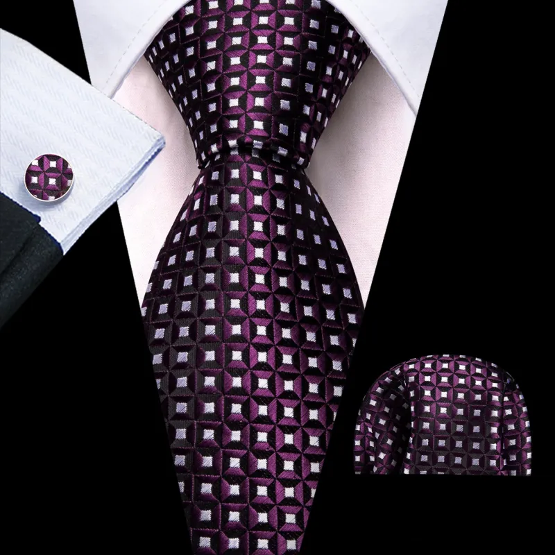 Ties2you Purple Tie White Plaid Silk Tie Pocket Square Cufflinks Set for Office Men sold by Ties2You