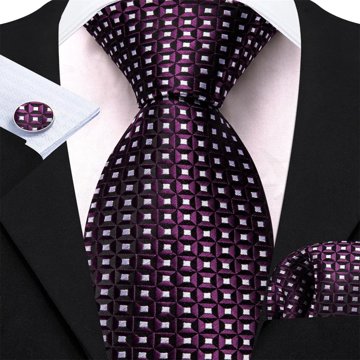 Ties2you Purple Tie White Plaid Silk Tie Pocket Square Cufflinks Set for Office Men sold by Ties2You product image thumbnail 3