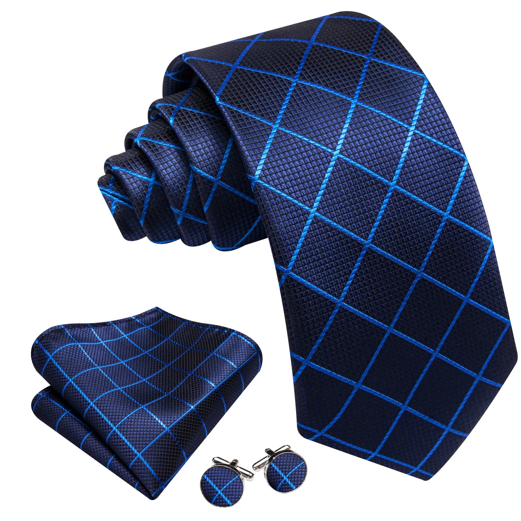 Ties2you Navy Tie Blue Plaid Silk Tie Pocket Square Cufflinks Set for Office Men sold by Ties2You product image thumbnail 2