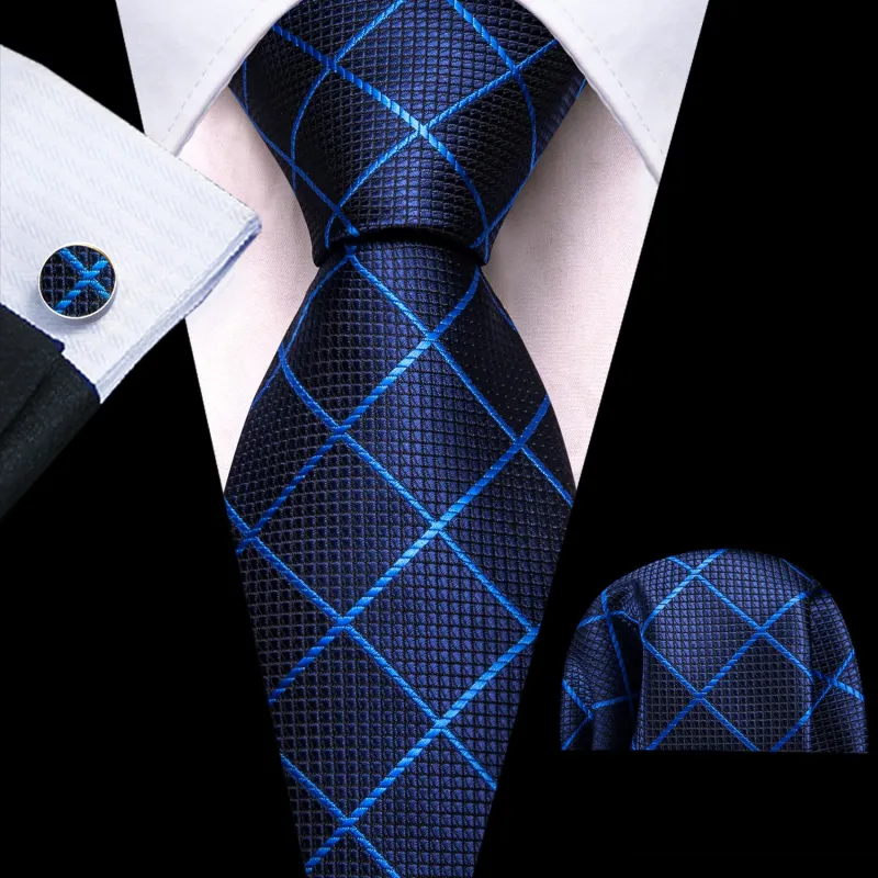 Ties2you Navy Tie Blue Plaid Silk Tie Pocket Square Cufflinks Set for Office Men sold by Ties2You