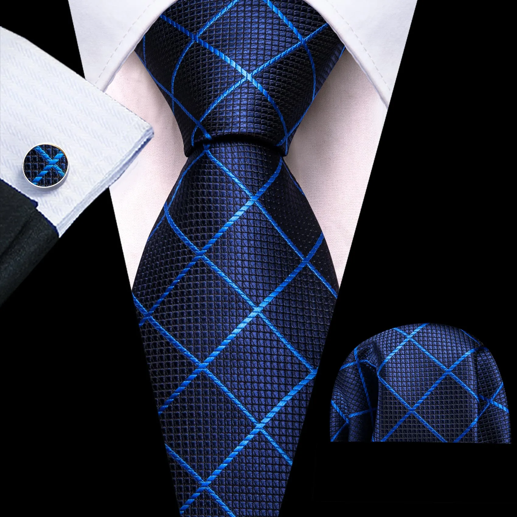 Ties2you Navy Tie Blue Plaid Silk Tie Pocket Square Cufflinks Set for Office Men sold by Ties2You