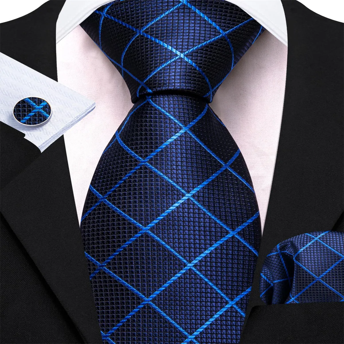 Ties2you Navy Tie Blue Plaid Silk Tie Pocket Square Cufflinks Set for Office Men sold by Ties2You product image thumbnail 3