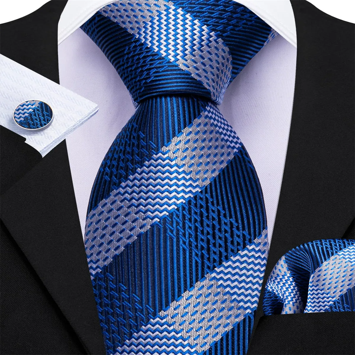 Ties2you Grey Tie Navy Blue Striped Men's Silk Tie Pocket Square Cufflinks Set sold by Ties2You product image thumbnail 3