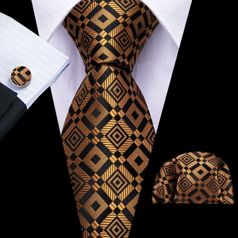 Ties2you Gold Tie Black Plaid Men's Silk Tie Pocket Square Cufflinks Set for Office Dress sold by Ties2You