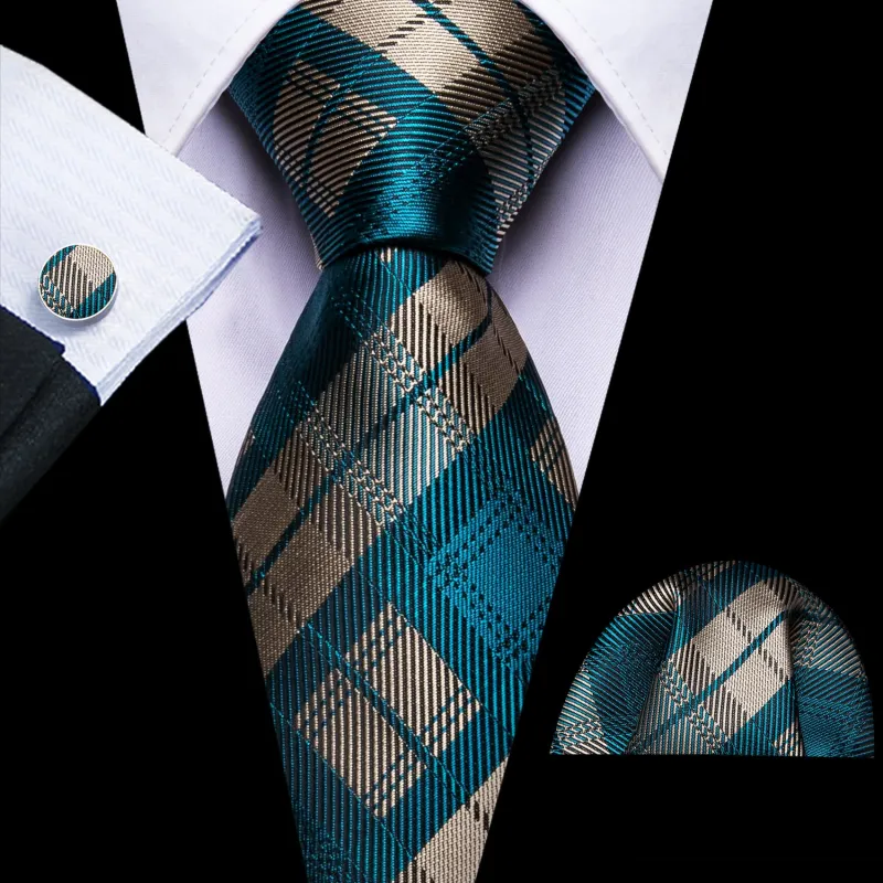 Ties2you Teal Tie Brown Plaid Men's Silk Tie Pocket Square Cufflinks Set for Business Dress sold by Ties2You