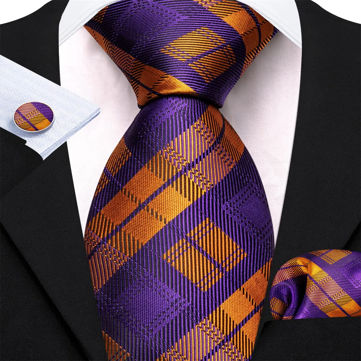 Ties2you Purple Tie Gold Plaid Men's Silk Tie Pocket Square Cufflinks Set for Business Dress sold by Ties2You product image thumbnail 3