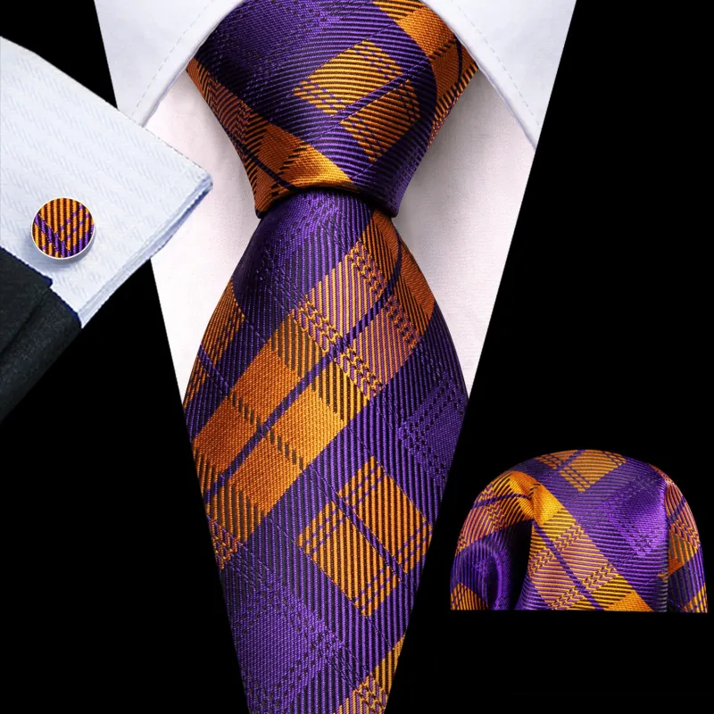 Ties2you Purple Tie Gold Plaid Men's Silk Tie Pocket Square Cufflinks Set for Business Dress sold by Ties2You
