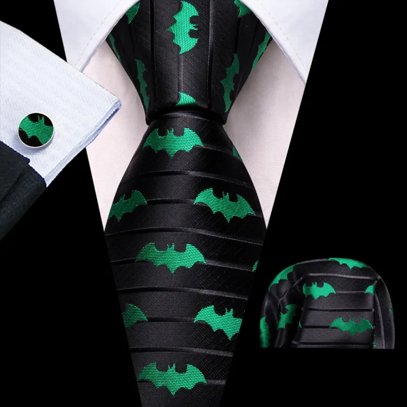 Ties2you Black Tie Green Bat Novelty Striped Men's Silk Tie Pocket Square Cufflinks Set sold by Ties2You