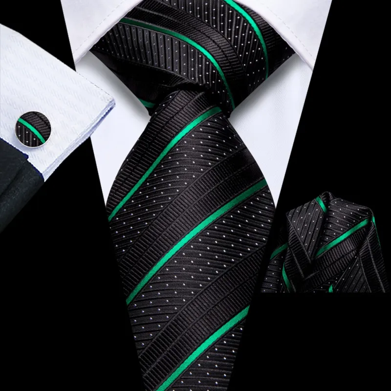 Ties2you Striped Tie Business Black Emerald Green Silk Men's Tie Pocket Square Cufflinks Set sold by Ties2You