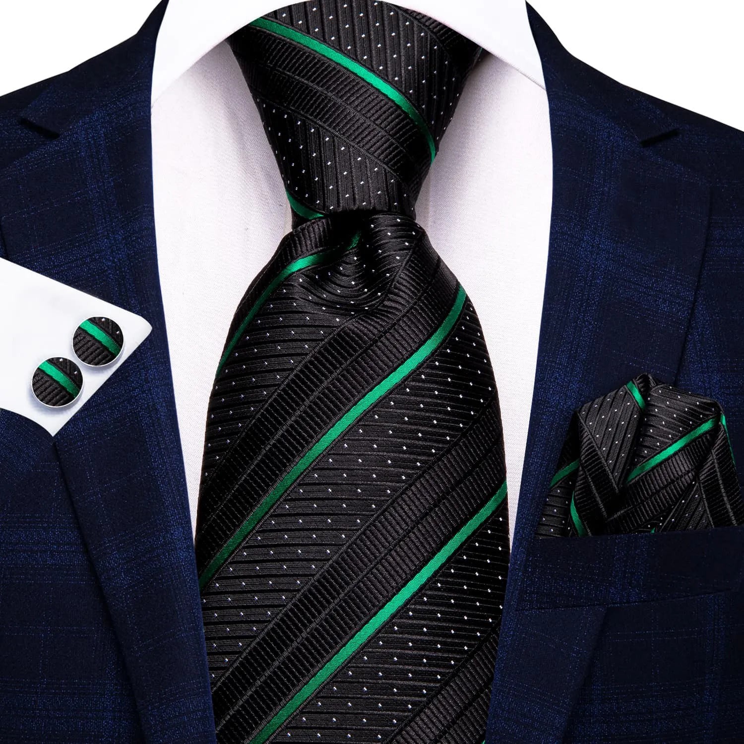 Ties2you Striped Tie Business Black Emerald Green Silk Men's Tie Pocket Square Cufflinks Set sold by Ties2You product image thumbnail 2