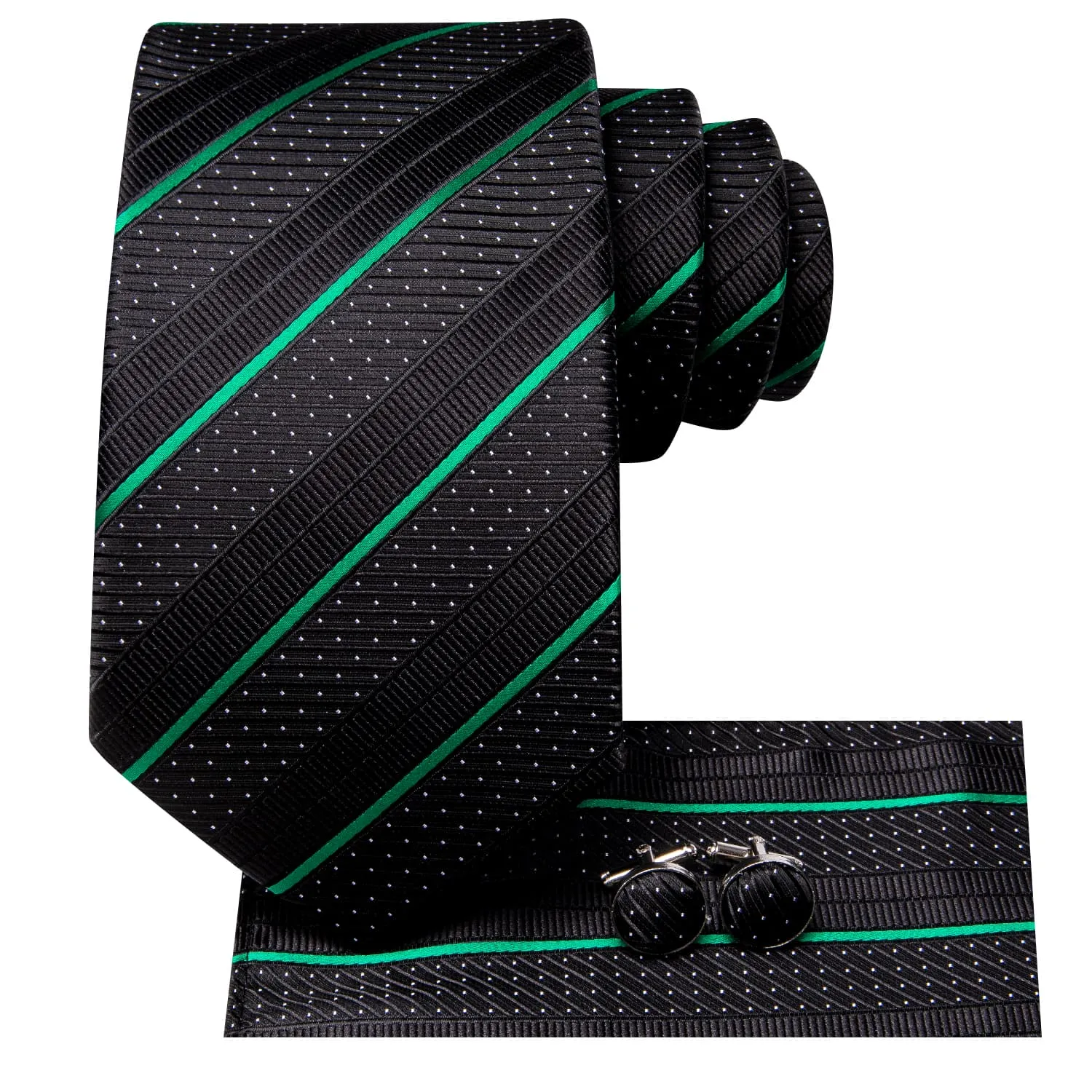 Ties2you Striped Tie Business Black Emerald Green Silk Men's Tie Pocket Square Cufflinks Set sold by Ties2You product image thumbnail 3