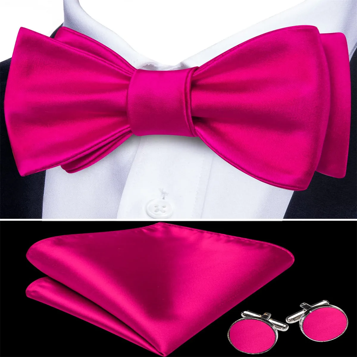 Ties2you Tuxedo Bow Tie Hot Pink Solid Men's Silk Self-Bow Tie Handkerchief Cufflinks Set sold by Ties2You product image thumbnail 3