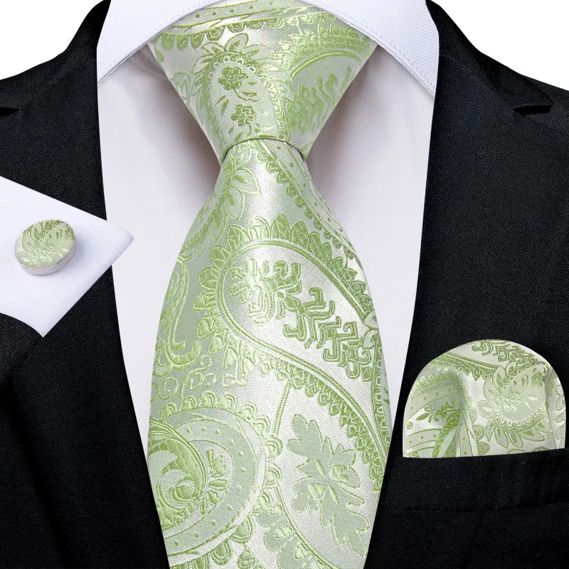 Ties2you Formal Ties Lime Green Paisley Silk Mens Tie Hanky Cufflinks Set for Tuxedo Dress made by Ties2You
