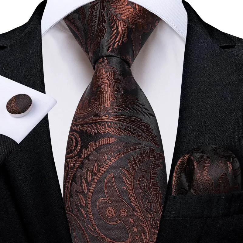Ties2you Formal Ties Pecan Brown Paisley Silk Mens Tie Hanky Cufflinks Set for Tuxedo Dress made by Ties2You