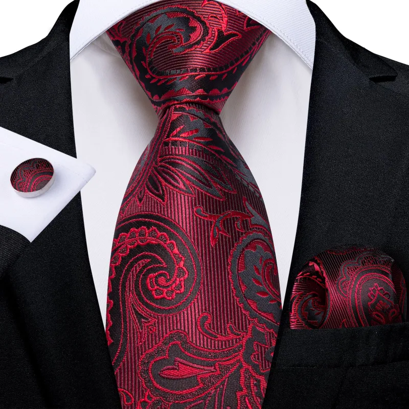 Ties2you Formal Ties Cherry Red Paisley Silk Mens Tie Hanky Cufflinks Set for Tuxedo Dress sold by Ties2You