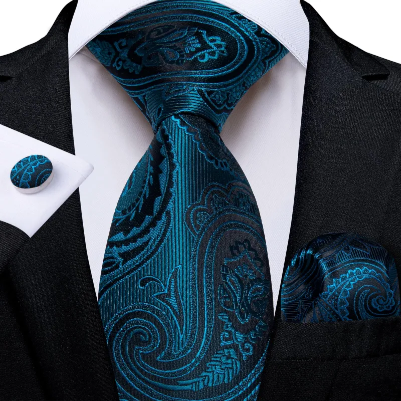 Ties2you Formal Ties Deep Teal Paisley Silk Mens Tie Hanky Cufflinks Set for Tuxedo Dress made by Ties2You