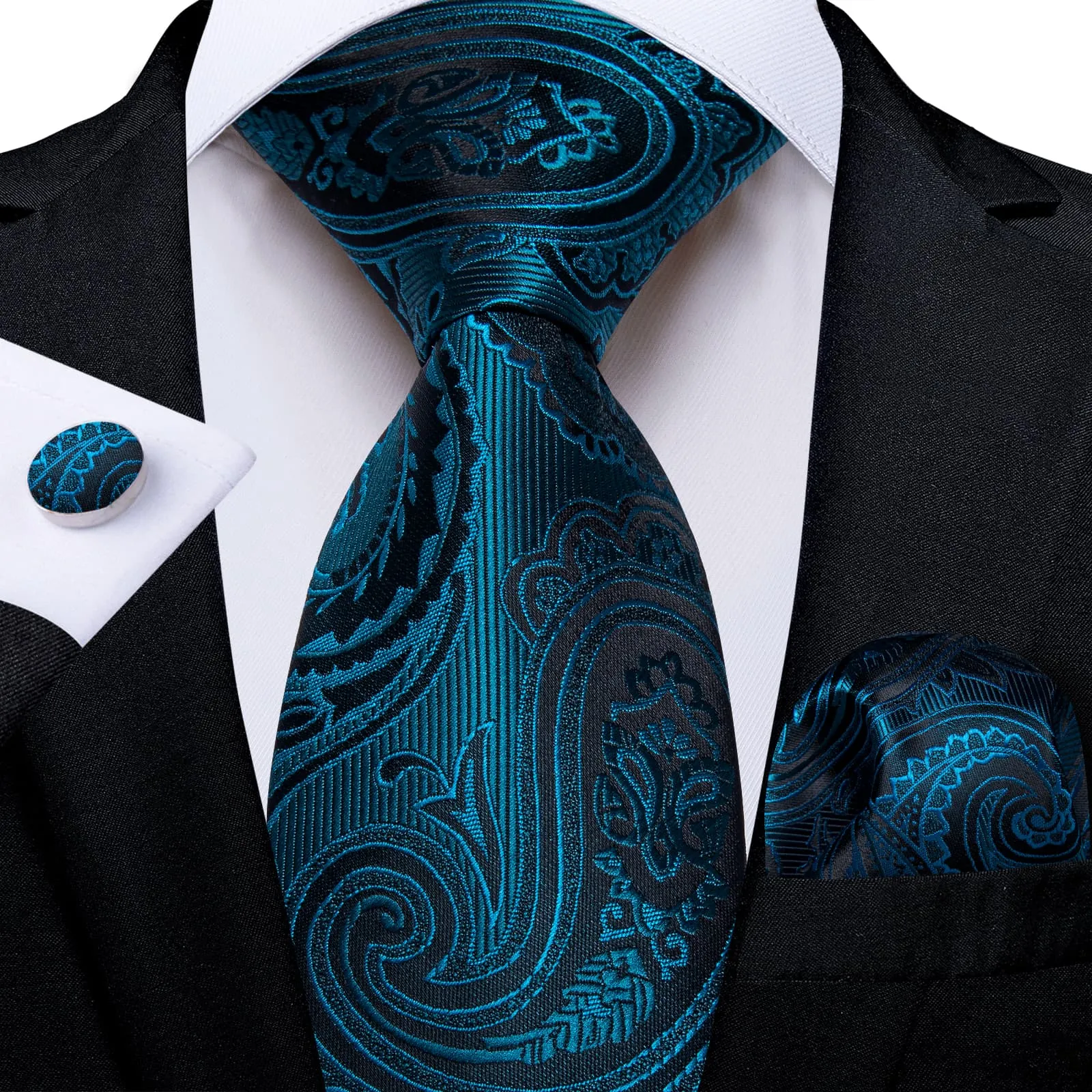 Ties2you Formal Ties Deep Teal Paisley Silk Mens Tie Hanky Cufflinks Set for Tuxedo Dress sold by Ties2You