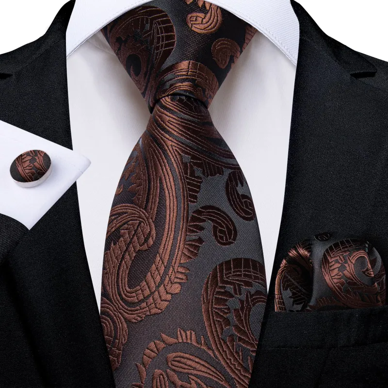 Ties2you Formal Ties Pecan Brown Paisley Silk Mens Tie Hanky Cufflinks Set for Tuxedo Dress sold by Ties2You