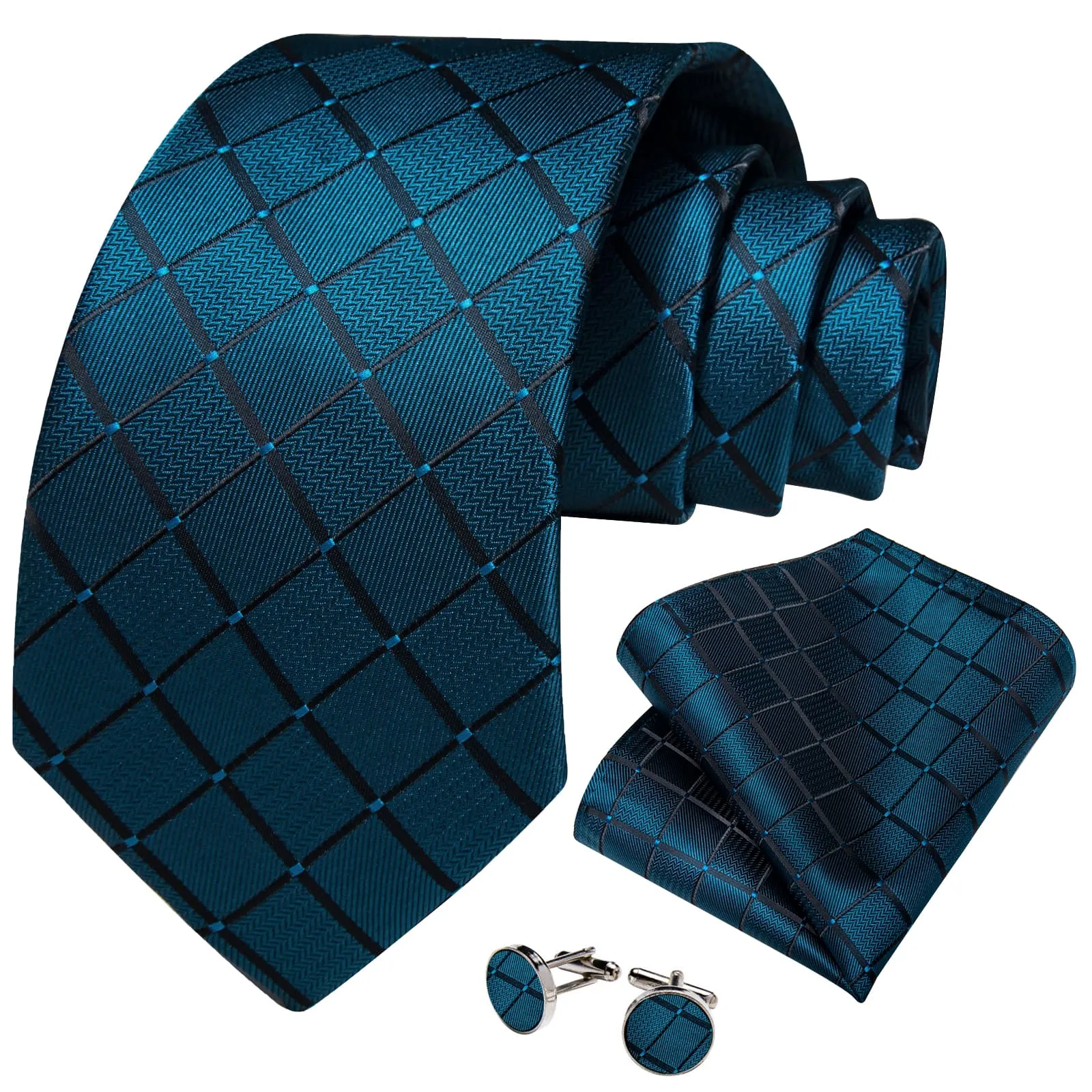 Ties2you Teal Tie for Men Plaid Business Silk Necktie Pocket Square Cufflinks Set sold by Ties2You product image thumbnail 2