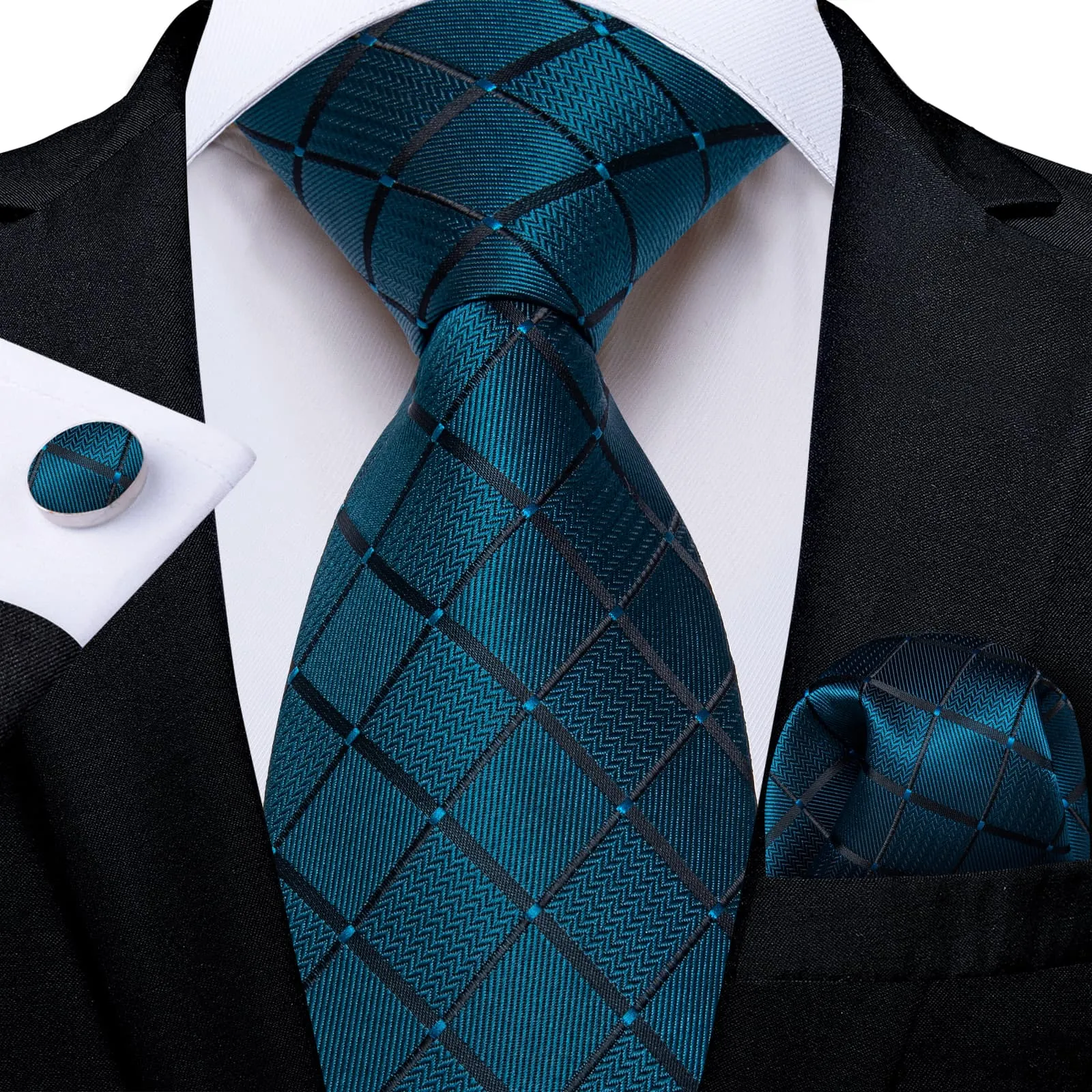 Ties2you Teal Tie for Men Plaid Business Silk Necktie Pocket Square Cufflinks Set sold by Ties2You