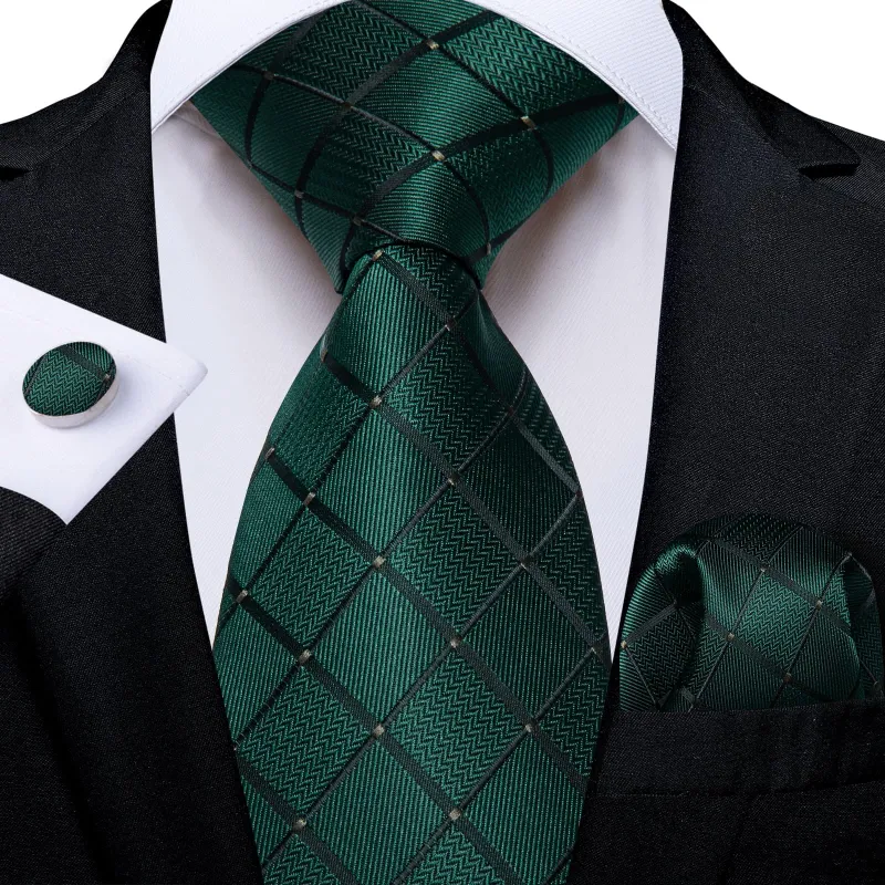 Ties2you Formal Ties Pine Green Plaid Silk Mens Tie Handkerchief Cufflinks Set for Tuxedo Dress sold by Ties2You